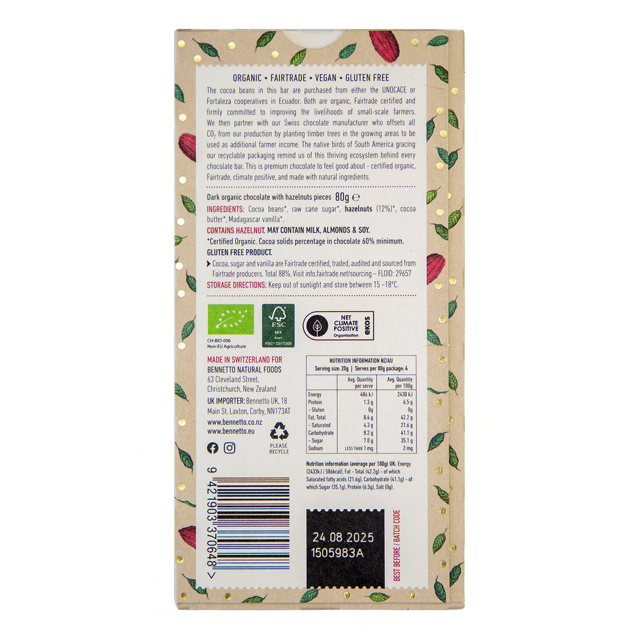Chocolat Noir bio 60% aux Noisettes Grillées